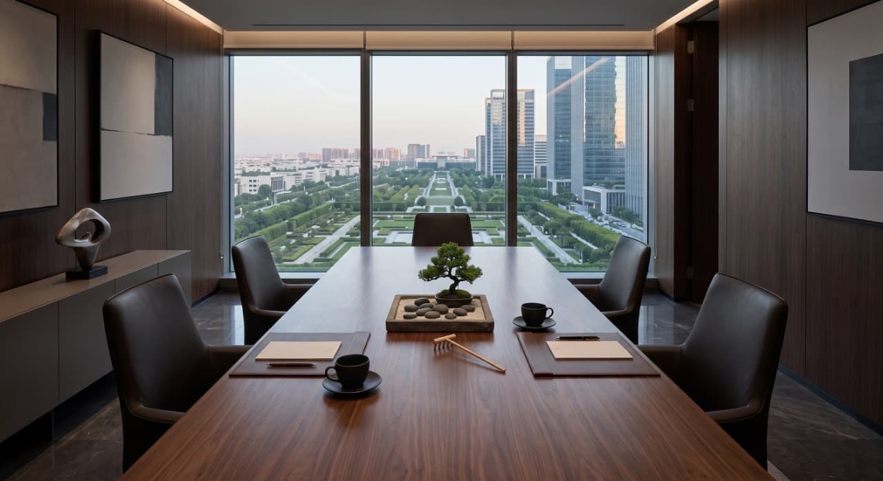 A boardroom overlooking the city, set for an executive retreat