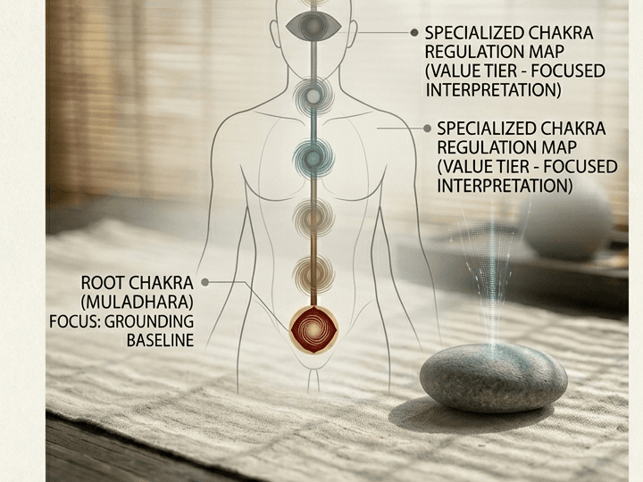 Anatomical chakra map with grounding stones on a linen mat