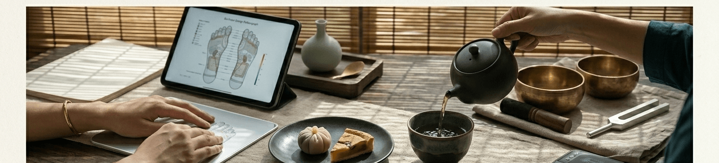 Hands operating the Bio-Pulsar reflexograph beside a curated tea ritual and sound bowls